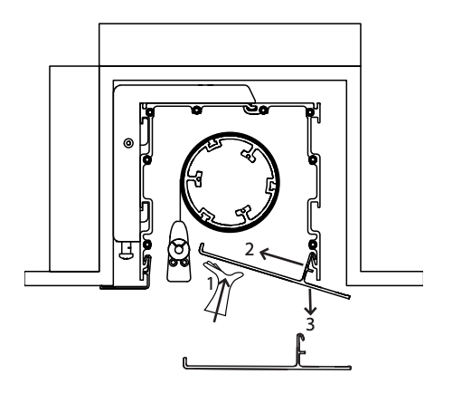 Front view of case interior showing trim piece removal with labeled parts 1, 2, and 3
