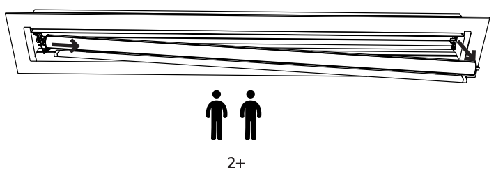 Two-person team sliding screen assembly down and out of ceiling case