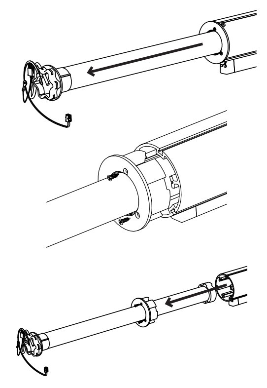 Three-step diagram showing motor sliding into tube, retaining ring secured with screws, and idler inserted into opposite tube end.