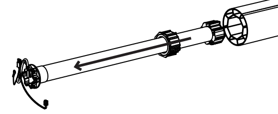 Arrow indicating motor sliding out from roller tube end toward left