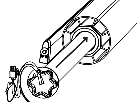 Motor sliding into tube with arrow indicating insertion direction, idler assembly shown separately with cable