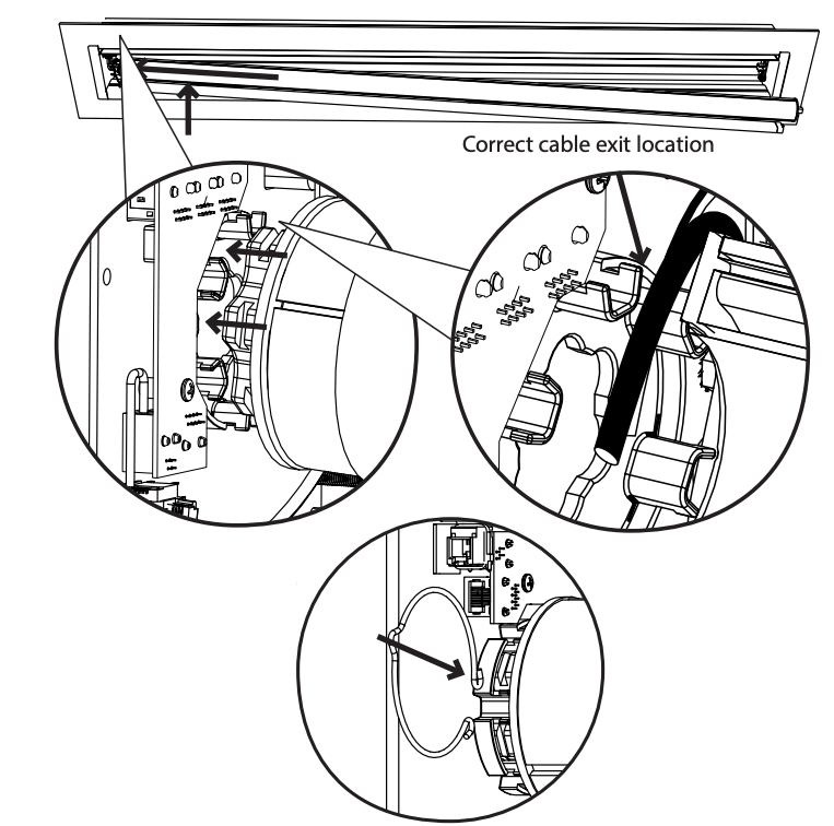 Three callout diagrams showing correct cable exit location through the ceiling-mounted case left end panel
