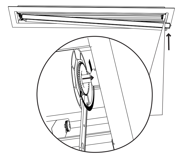 Closeup diagram showing idler teeth being turned counterclockwise to retract idler into ceiling-mounted case