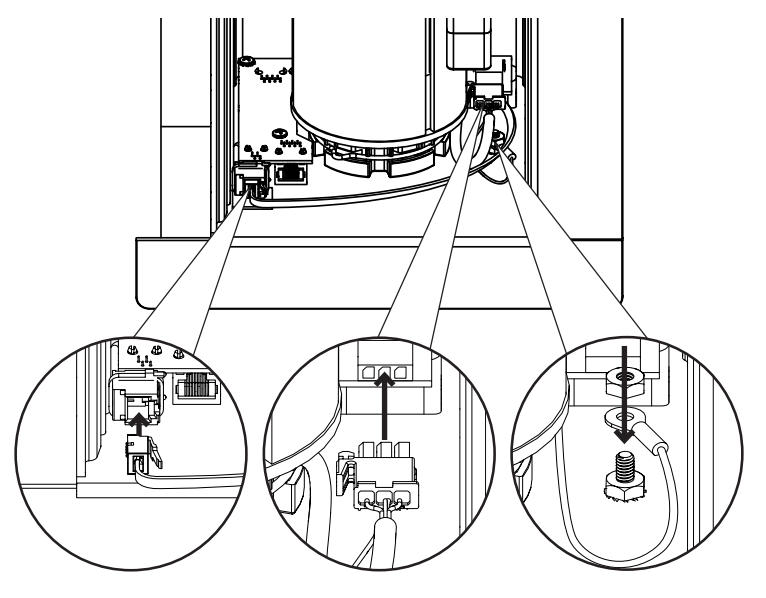 Three callout circles showing power connector, control terminal block, and grounding screw locations on left side of case