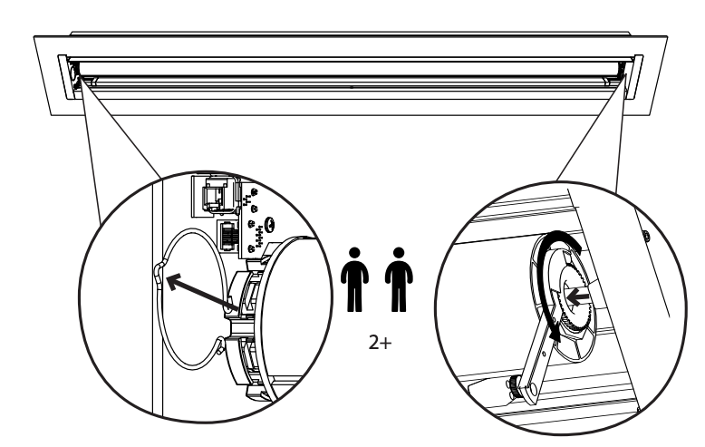 Two-person lift warning with callouts showing motor retaining ring removal from left end of case