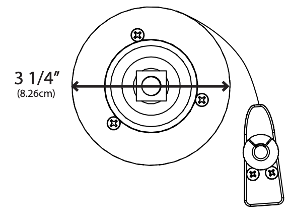 Ceiling mount bracket diameter measurement showing 3 1/4 inches (8.26cm) with four mounting screws and side bracket detail