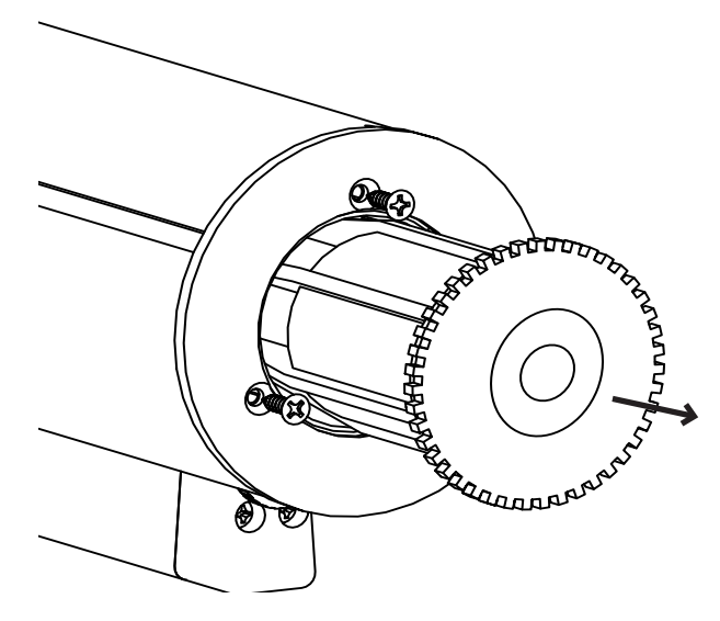Toothed idler gear being pulled outward from roller tube end, arrow indicating removal direction