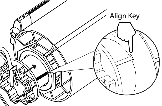 Diagram showing motor key aligned with black plastic piece key inside tube, with callout detail