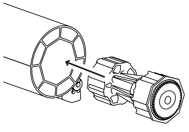 Motor being slid out from the roller tube end, arrow indicating removal direction
