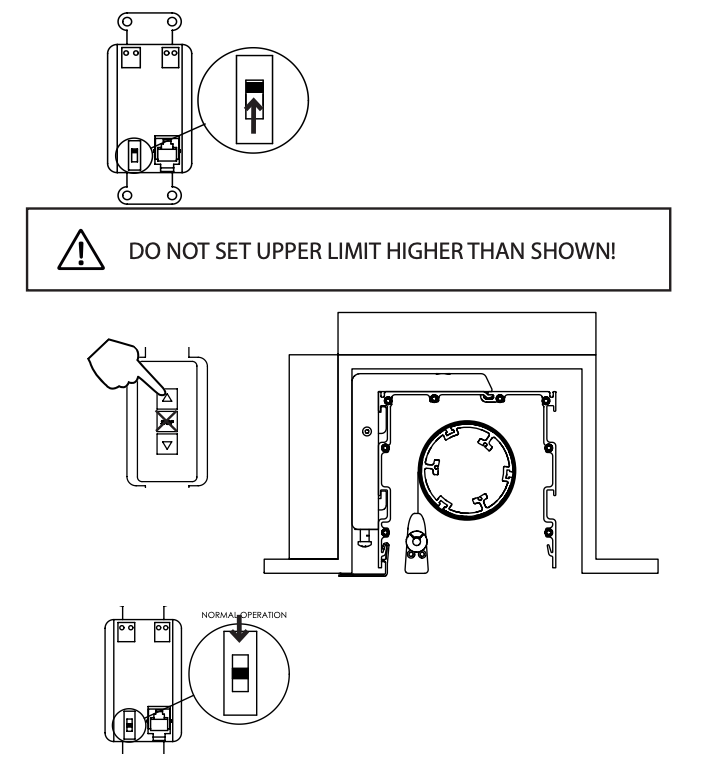 Warning diagram showing upper limit switch position with caution not to set it higher, finger pressing limit adjustment button, and motor retaining ring inside case ceiling view, with final switch returned to normal operation position.