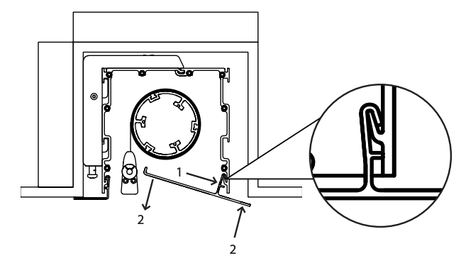 Diagram showing trim piece (1) and retaining clips (2) removal from case, with closeup of clip detail