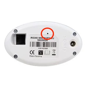 Bottom view of Irismo Mini RTS motor with pairing button circled in red