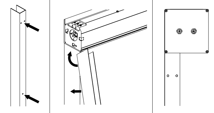 Three-panel diagram showing U-channel screw positions, housing snap-in installation, and junction box mounting for KAOS V1