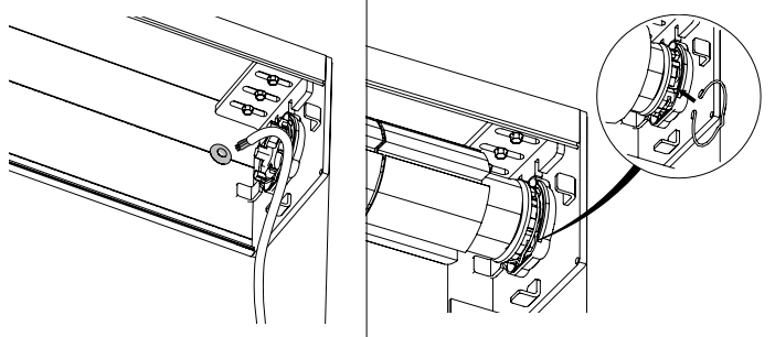 Power cord routed through KAOS housing hole with grommet installed, shown in two views with close-up detail