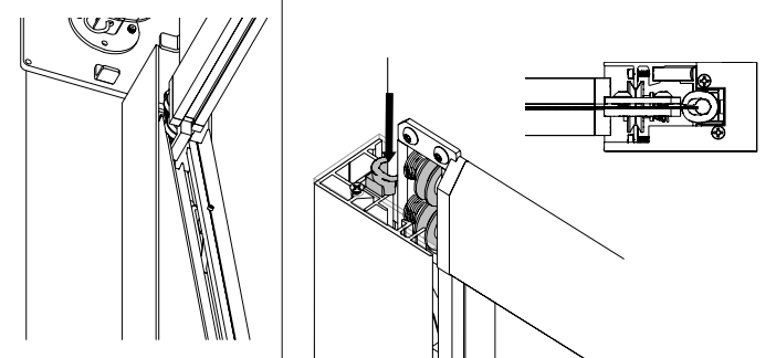 Cross-section diagram showing KAOS V1 U-channel track installation with pulley assembly and wall mounting detail