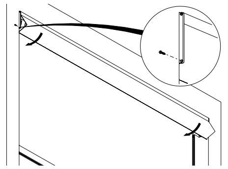 KAOS housing mounted at ceiling corner with inset detail showing self-tapping screw securing end cap to housing bracket