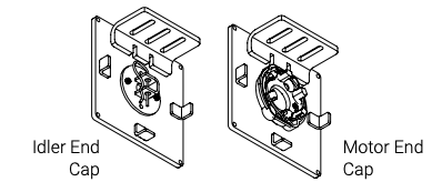 Exploded view of KAOS Idler End Cap and Motor End Cap bracket assemblies side by side