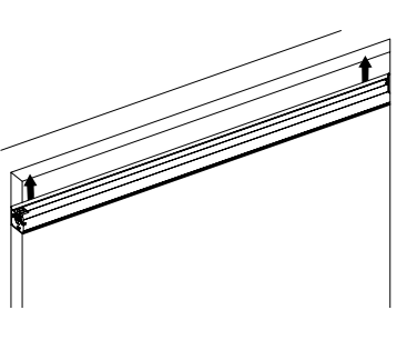 KAOS housing positioned and secured against ceiling and wall during Step 2 installation, arrows indicating lift direction at both ends