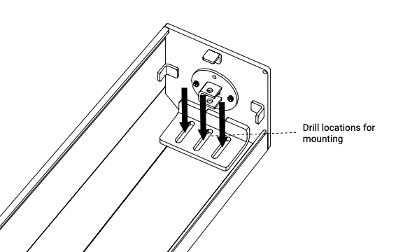Three arrows pointing to pre-drill hole locations on KAOS housing end cap bracket
