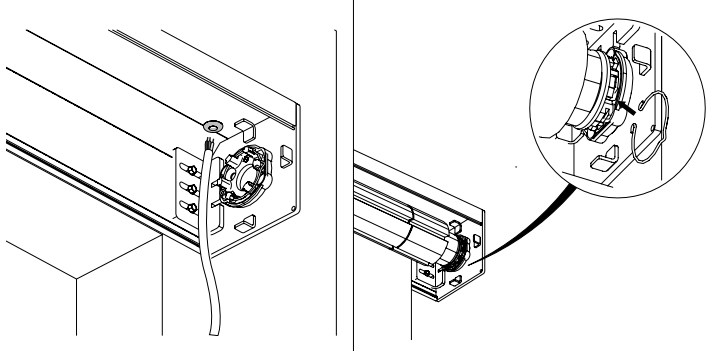 Motor cable routed through rubber grommet on KAOS end cap, with closeup detail of clip securing motor head to bracket