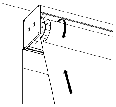 Upward arrow guides material roll into KAOS housing as end cap roller rotates into place