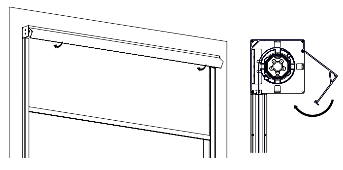KAOS motor head attaching to bracket with rotation arrow, and shade roll positioned in housing end caps