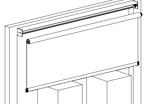 KAOS shade housing mounted to wall above door, showing roller tube, fabric partially unrolled, and end cap brackets