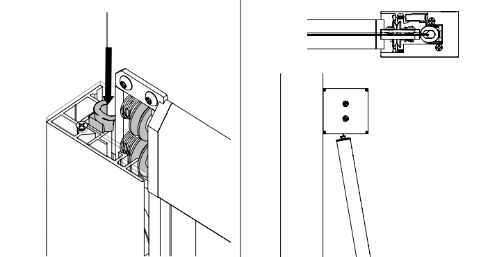 Screwdriver inserting into KAOS housing end cap with roller mechanism, plus cross-section and wall-mount diagrams