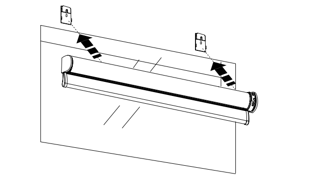 Niño open roll shade being mounted onto two wall-mounted brackets with directional arrows