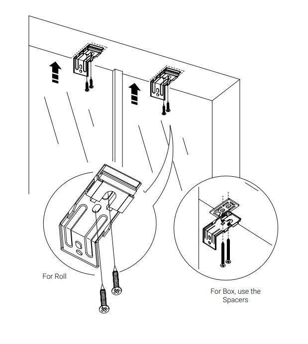 Two Niño brackets pressed upward into ceiling mounts, with callouts showing Roll bracket with screws and Box bracket with spacers