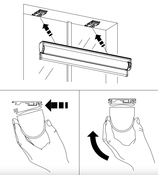 Niño Open Roll shade lifting onto two wall-mounted brackets, with detail views showing end cap removal by pulling outward and rotating downward