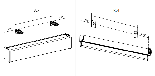 Diagram showing 2-6 inch bracket placement measurements for Niño Box and Open Roll shade configurations side by side