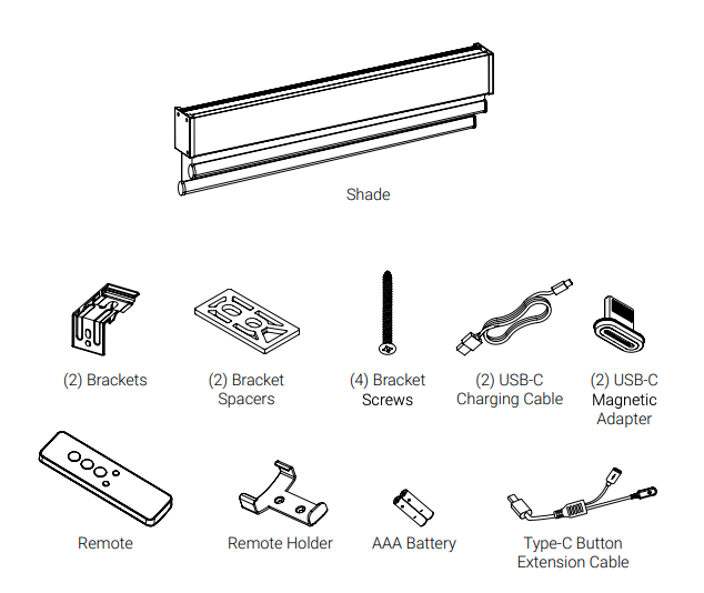 Niño Duo exploded parts diagram showing shade, two brackets, two bracket spacers, four bracket screws, two USB-C charging cables, two USB-C magnetic adapters, remote, remote holder, AAA battery, and Type-C button extension cable