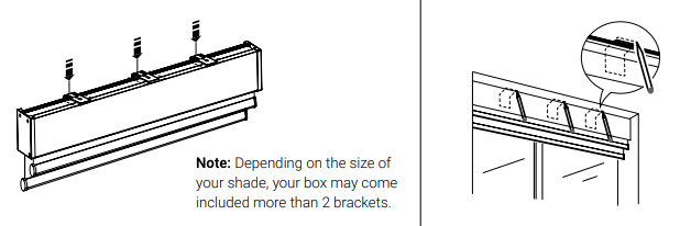 Diagram showing screws attaching Niño Duo brackets to shade headrail, with inset detail of ceiling mount installation