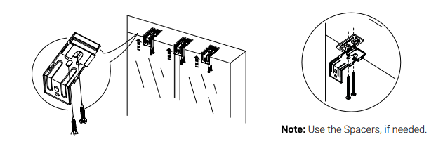 Three Niño Duo wall brackets mounted in a row, with close-up showing screw installation and optional spacer placement