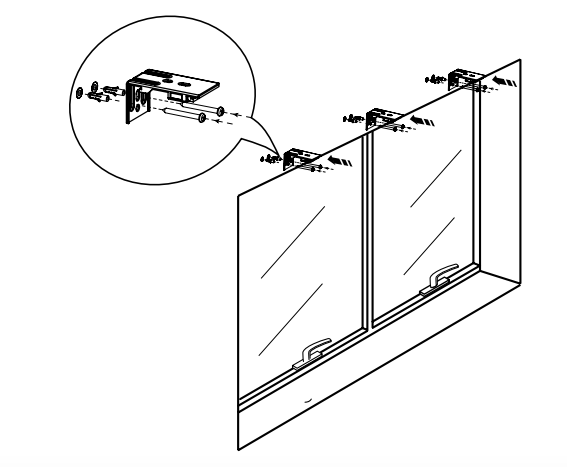 Three Niño Duo panel shades mounted on brackets above a window frame, with callout detail showing bracket screw assembly