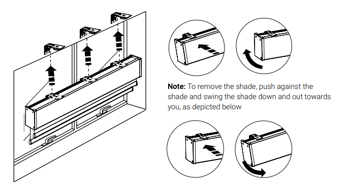 Niño shade snapping onto wall brackets with arrows showing upward insertion and swing-down removal sequence