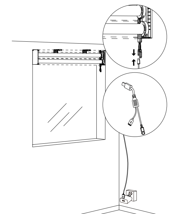 Niño Duo shade installed over window with inset callouts showing USB-C charging dongle connection to motor and Y-cable plugged into wall outlet