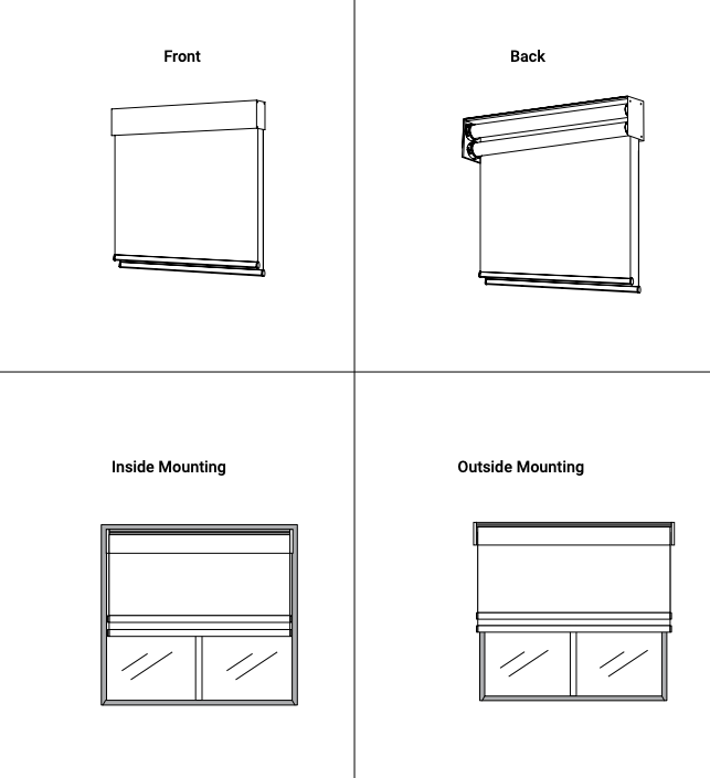 Front and back views of Niño Duo shade alongside inside and outside window mounting diagrams
