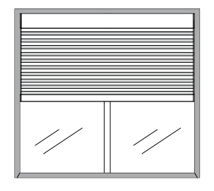 Shade installed inside mount above two glass cabinet doors, front view diagram