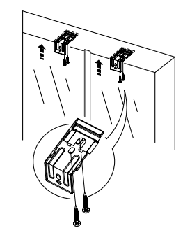 Two wall-mount brackets installed on ceiling with arrows showing upward placement, with bracket detail callout below