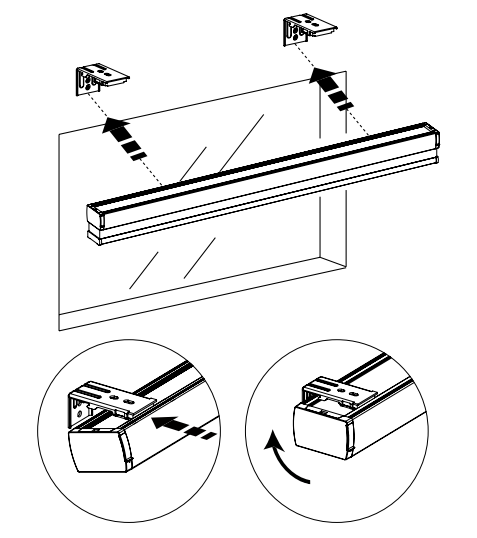 Diagram showing shade headrail snapping into two wall-mounted brackets, with close-ups of bracket lock release and rotation steps
