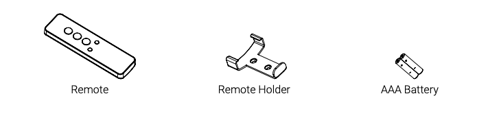 Line drawing icons of a remote control, remote holder bracket, and AAA battery with labels