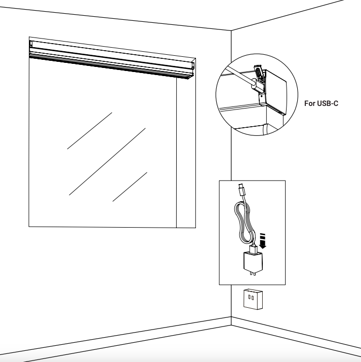 Diagram showing USB-C cable plugged into shade headrail end cap with wall charger connected to outlet below