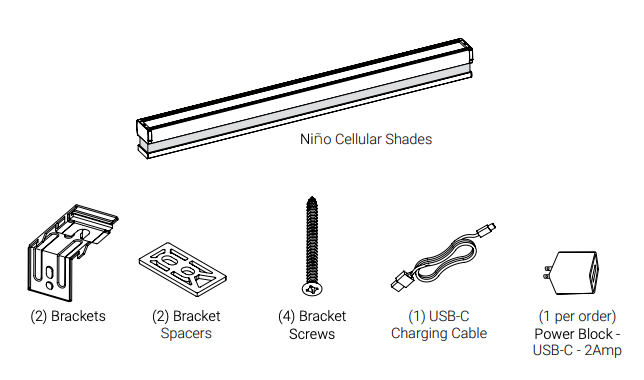 Niño Cellular Shades with included brackets, spacers, four screws, USB-C cable, and power block