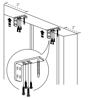 Diagram showing outside mount bracket installation 2 inches from each side of window frame with screw detail callout