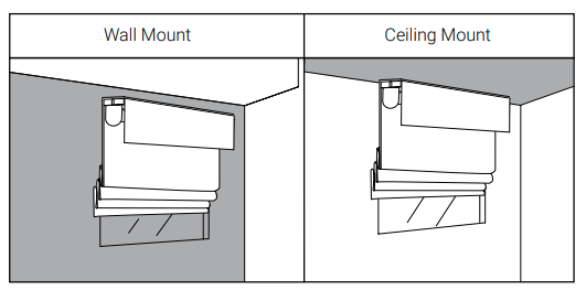 Side-by-side diagrams showing wall mount and ceiling mount bracket positions for outside mount installation