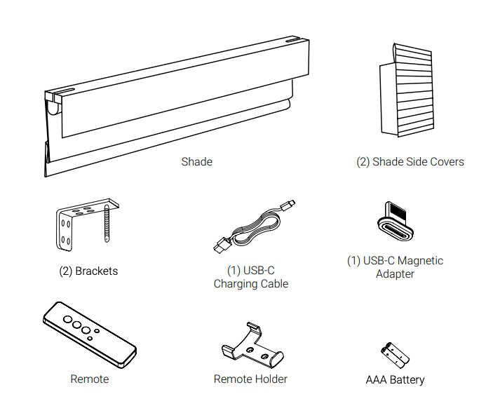 Exploded parts diagram showing shade, two side covers, two brackets, USB-C charging cable, USB-C magnetic adapter, remote, remote holder, and AAA battery