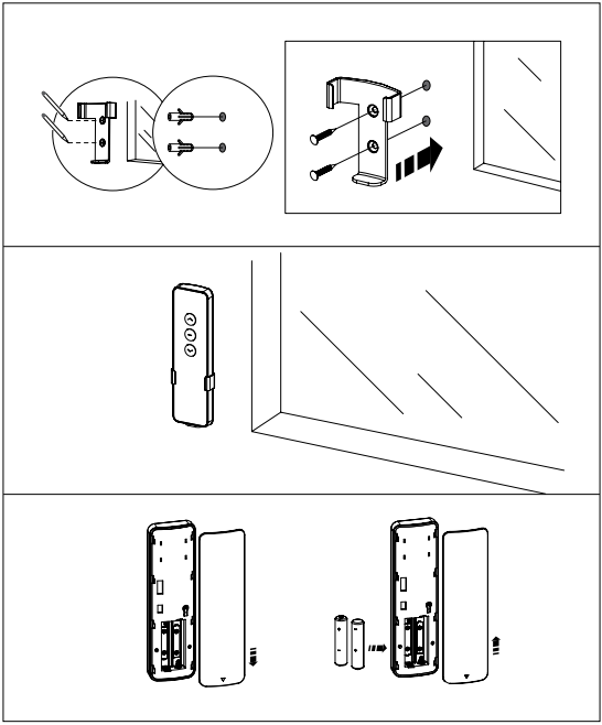 Three-panel diagram showing bracket wall mounting with screws, remote control positioned near window corner, and battery installation steps for remote.