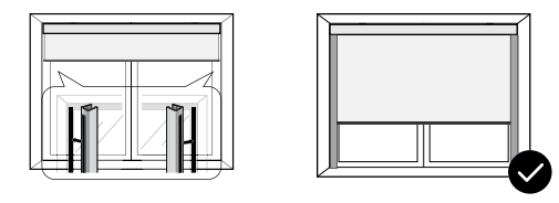Incorrect inside mount with fabric bunching left, versus correct flush inside mount with checkmark